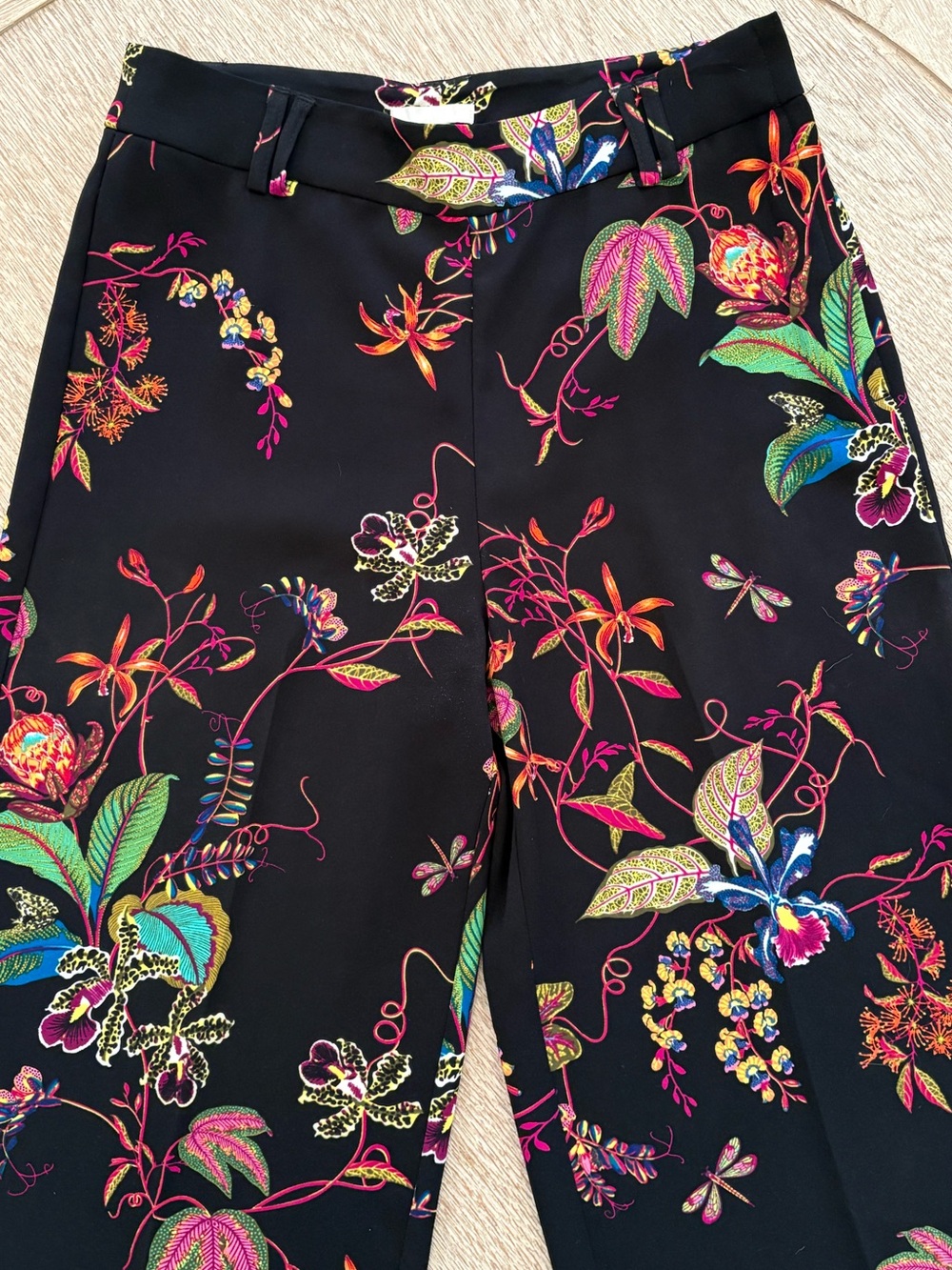 H&M Black Botanical Floral Wide Leg High Waist Ankle Pants with Vibrant Print